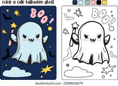 Halloween ghost coloring page for kids. Hand drawn autumn illustration with a funny phantom. Doodle spirit. Trick or treat. Spooky cute face ghost. Vector coloring page in cartoon style.