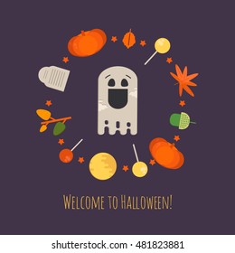 Halloween ghost concept poster "Welcome to Halloween" in circle shape. Vector illustration with ghost, tombstone, foliage, pumpkin and lollipop. 