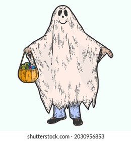 Halloween, ghost costume. Sketch scratch board imitation color.