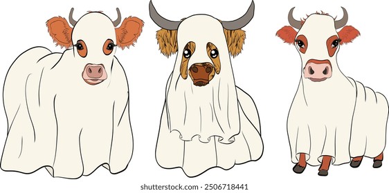 Halloween Ghost Cow. Highland cow.  Art and Illustration