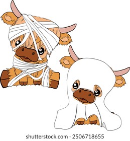 Halloween Ghost Cow. Highland cow.  Mummy Cow. Art and Illustration