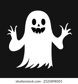 Halloween ghost. Creepy flying spirit isolated on black background. Vector simple halloween horror characters. Creepy costume for halloween party.