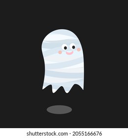 Halloween ghost in creepy night, cute mummy flying in Halloween night, cute ghost flat vector, cute mummy cartoon vector, cute ghost flying in the dark, scary card design template, White spirit flying