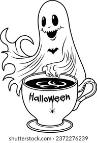 Halloween Ghost with cup on white background. Vector illustration.