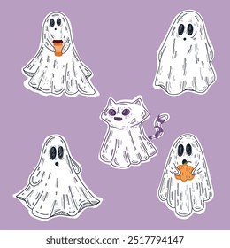 A Halloween ghost in a cute cartoon style. Cute little Halloween ghosts on a lilac background. vector image of a ghost, a cat, a pumpkin and coffee