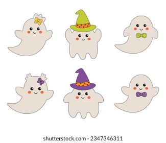 Halloween ghost cute characters collection. Vector cartoon childish style. Decorative elements for cards, invitation, party attributes. 