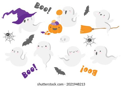 Halloween ghost in cute kawaii style. funny smiling samhain ghosts set with skull, bat, web, witch hat, broom, pumpkin, spirit and sweets. trick or treat stock cartoon image.
