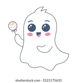 Halloween ghost in cute kawaii style. Funny spirit with lollipop isolated on white background.