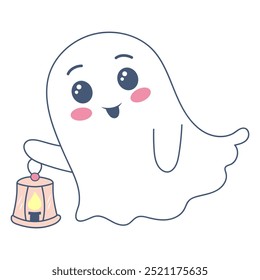 Halloween ghost in cute kawaii style. Funny spirit holding lantern isolated on white background.