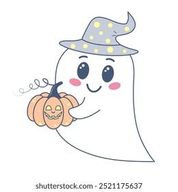 Halloween ghost in cute kawaii style. Funny spirit in hat holding pumpkin isolated on white background.