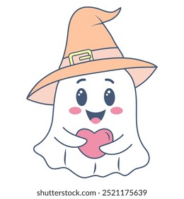 Halloween ghost in cute kawaii style. Funny spirit in hat holding heart isolated on white background.