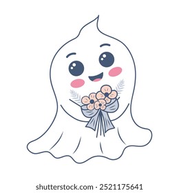 Halloween ghost in cute kawaii style. Funny spirit with bouquet of flowers isolated on white background.