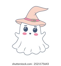 Halloween ghost in cute kawaii style. Funny spirit in hat isolated on white background.