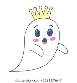 Halloween ghost in cute kawaii style. Funny spirit in crown isolated on white background.