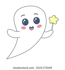 Halloween ghost in cute kawaii style. Funny spirit with star on stick isolated on white background. 