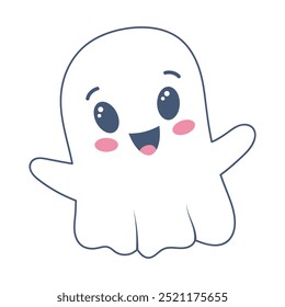 Halloween ghost in cute kawaii style. Funny spirit isolated on white background. 