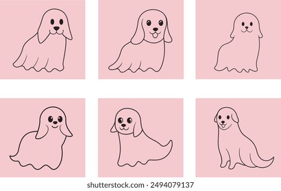 Halloween Ghost Cute Kawaii Valentine dog Line Art in white background