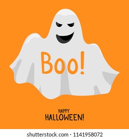 Halloween ghost. Cute smile white ghost spirit on orange background vector illustration. Happy Halloween card template