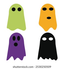 Fantasma de Halloween lindo personaje de Vector. icono de disfraz de dibujos animados de miedo. Simple espíritu de vuelo mínimo. Groovy tratar el carácter de miedo. Etiqueta engomada divertida del libro de la sonrisa del miedo de la noche. Conjunto de iconos de fantasma para el diseño de Halloween.