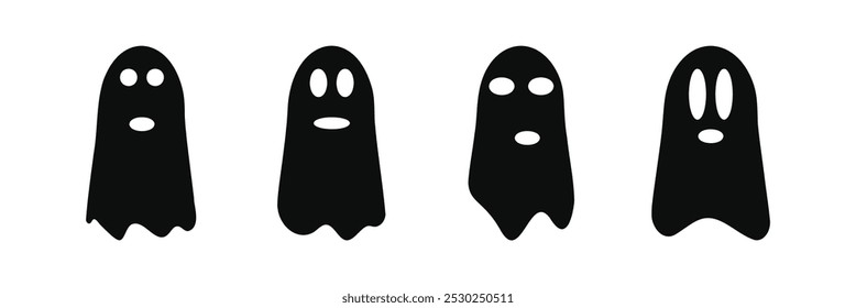 Fantasma de Halloween lindo personaje de Vector. icono de disfraz de dibujos animados de miedo. Simple espíritu de vuelo mínimo. Groovy tratar el carácter de miedo. Etiqueta engomada divertida del libro de la sonrisa del miedo de la noche. Conjunto de iconos de fantasma para el diseño de Halloween.