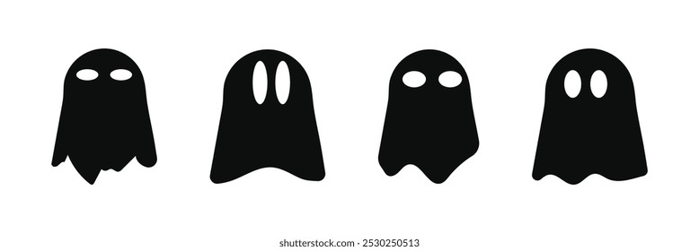 Fantasma de Halloween lindo personaje de Vector. icono de disfraz de dibujos animados de miedo. Simple espíritu de vuelo mínimo. Groovy tratar el carácter de miedo. Etiqueta engomada divertida del libro de la sonrisa del miedo de la noche. Conjunto de iconos de fantasma para el diseño de Halloween.