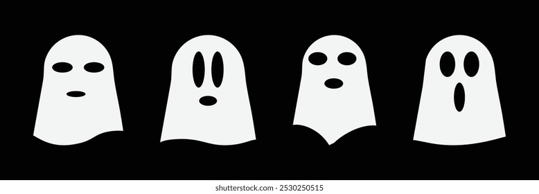 Fantasma de Halloween lindo personaje de Vector. icono de disfraz de dibujos animados de miedo. Simple espíritu de vuelo mínimo. Groovy tratar el carácter de miedo. Etiqueta engomada divertida del libro de la sonrisa del miedo de la noche. Conjunto de iconos de fantasma para el diseño de Halloween.