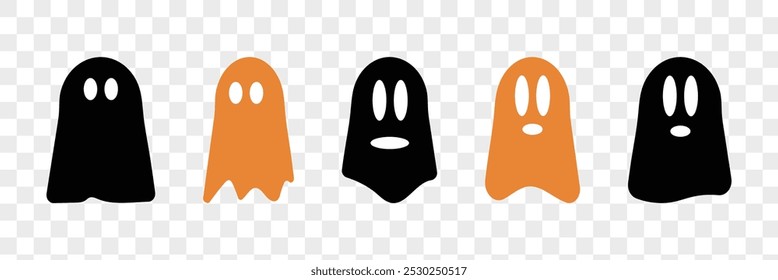 Fantasma de Halloween lindo personaje de Vector. icono de disfraz de dibujos animados de miedo. Simple espíritu de vuelo mínimo. Groovy tratar el carácter de miedo. Etiqueta engomada divertida del libro de la sonrisa del miedo de la noche. Conjunto de iconos de fantasma para el diseño de Halloween.