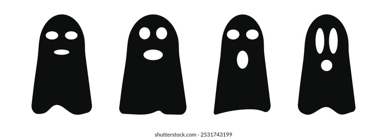 Fantasma de Halloween lindo personaje de Vector. icono de disfraz de dibujos animados de miedo. Simple espíritu de vuelo mínimo. Groovy tratar el carácter de miedo. Conjunto de iconos de fantasma de Halloween. Eps 10.