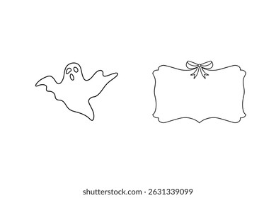 Halloween ghost and decorative blank frame illustration in simple black and white style