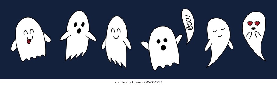 Set de doodle fantasma de Halloween. Caricatura de personajes lindos. Recorte dibujado a mano, ilustración de vector de contorno aislada en fondo azul oscuro.