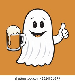 Clipart de cerveza de beber fantasma de Halloween, animaciones de fantasma de dibujos animados con ilustración de taza de cerveza