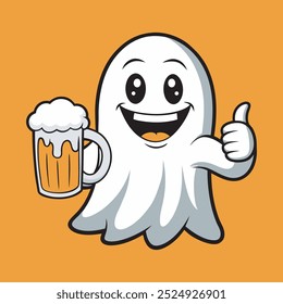 Halloween Ghost Drinking Beer Clipart, Cartoon Ghost Cheers with Beer Mug Illustration