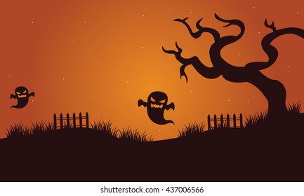 Halloween ghost and dry tree scary silhouette vector