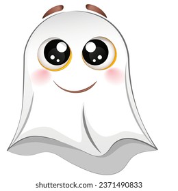 Halloween ghost emoji on white background. Vector smiling emoji. Cute emoticon