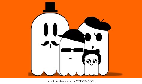 Halloween ghost family cartoon image, illustration for website, Background or banner Halloween template, vector ghost, family icon.