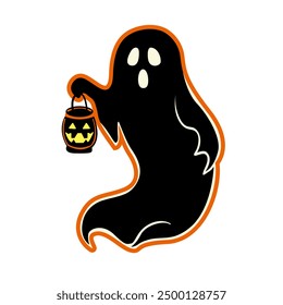 Halloween ghost with a flashlight. Holiday spirit illustration. Halloween, ghosts, horror concept. Black silhouette isolated on white background