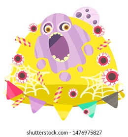 Halloween. Ghost flies. Garland of flags, eyes and candy. Festive still life in cartoon flat style. Vector.