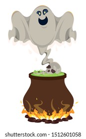 halloween ghost floating with cauldron vector illustration design