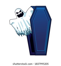 halloween ghost floating in coffin character icon vector illustration design