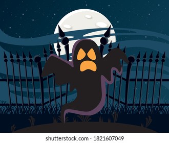 halloween fantasma flotando con el diseño de la ilustración vectorial de la puerta de la cerca