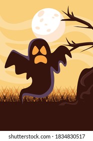 halloween ghost floating with moon scene vector illustration design