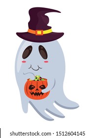 halloween ghost floating with pumpkin vector illustration design