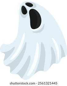 Halloween ghost floating and screaming with a wide open mouth, creating a playful yet spooky atmosphere. Simple cartoon illustration set against a bright white background