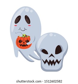 halloween ghost floating with skull head vector illustration design