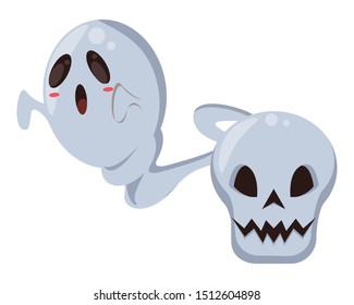 halloween ghost floating with skull head vector illustration design