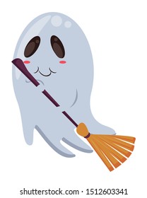 halloween ghost floating with witch broom vector illustration design