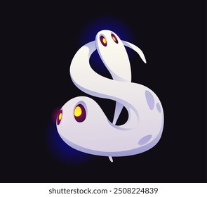 Halloween ghost font, dollar sign in shape of white, ethereal ghostly form with glowing yellow eyes. Cartoon vector glyph, evil type, funny scary typeface, spooky monster alphabet, punctuation symbol