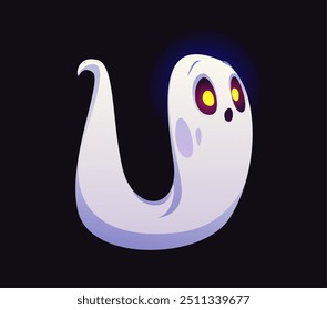 Fuente de fantasma de Halloween, letra U como personaje divertido de dibujos animados de monstruos, tipo malvado de horror de Vector. Fuente de vacaciones de Halloween de la letra fantasma U para tipografía de miedo, tipo de horror malvado o alfabeto de monstruo espeluznante