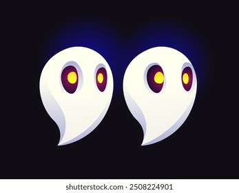 Fuente fantasma de Halloween, cita signo de puntuación. Tipo malvado de la historieta, tipografía aterradora divertida, símbolo espeluznante de la cita del alfabeto del monstruo. Par de Vector aislado de los fantasmas con los ojos brillantes, glifo de la tipografía