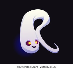 Fuente de fantasma de Halloween, tipografía de boo aterradora de la letra R para tipo malvado de terror, alfabeto de Vector. Fuente de Halloween de fantasma de monstruo espeluznante o personaje de libro divertido de dibujos animados en la letra R para vacaciones de truco o trato